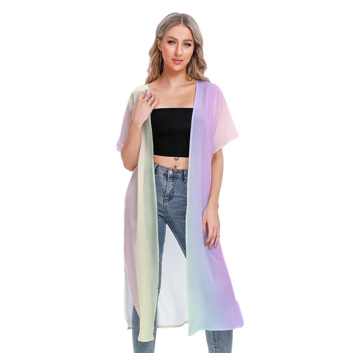 Pastel Rainbow Mesh Transparent Knee Length Cardigan - Lightweight Summer Layering Piece - Printspirationz