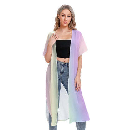 Pastel Rainbow Mesh Transparent Knee Length Cardigan - Lightweight Summer Layering Piece - Printspirationz