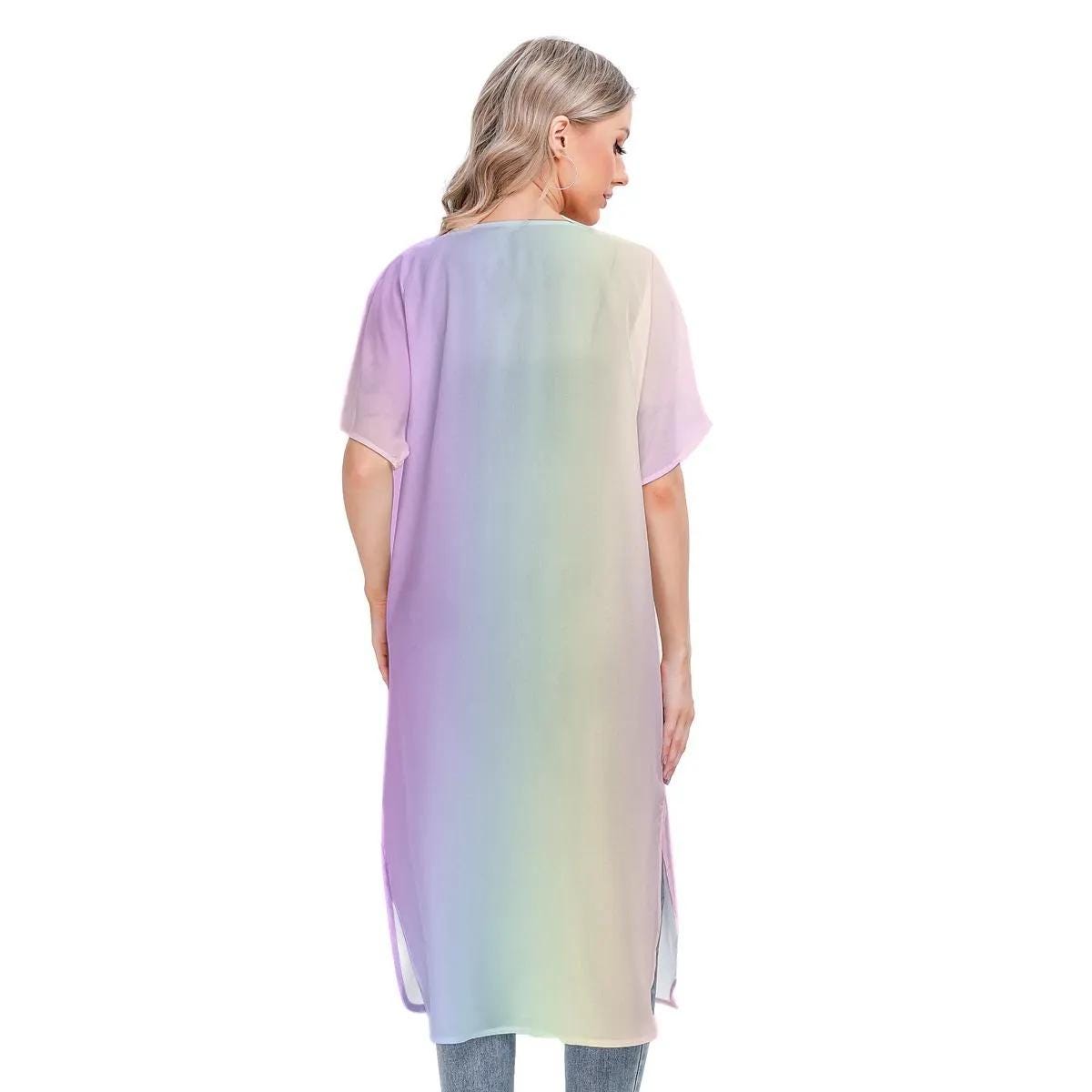 Pastel Rainbow Mesh Transparent Knee Length Cardigan - Lightweight Summer Layering Piece - Printspirationz