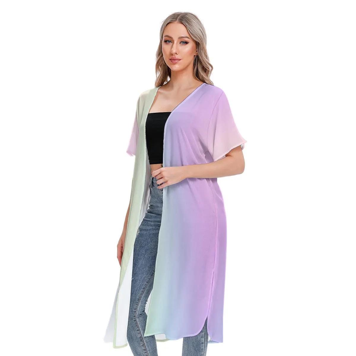 Pastel Rainbow Mesh Transparent Knee Length Cardigan - Lightweight Summer Layering Piece - Printspirationz