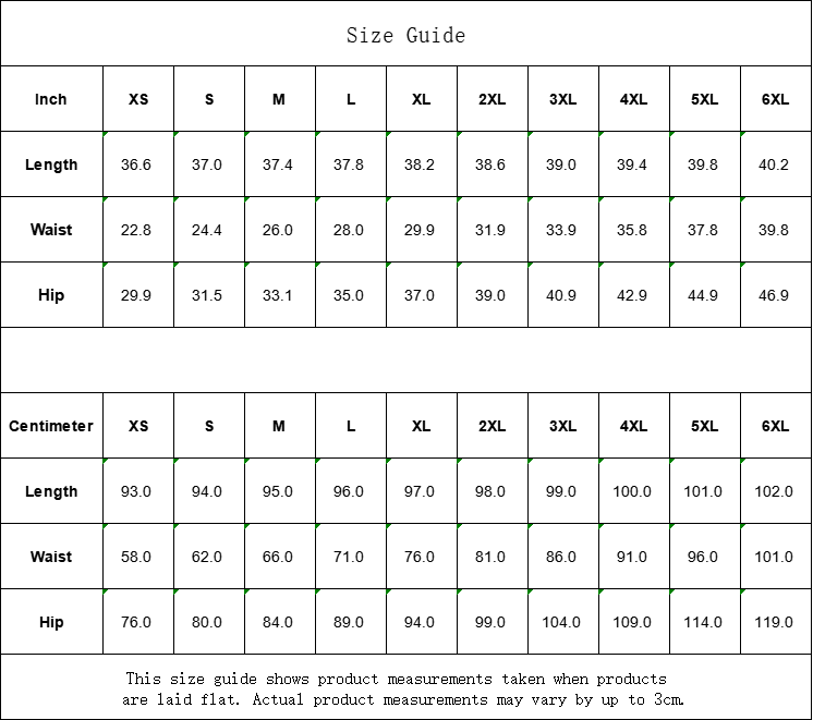 Leggings w/ Pockets Size Chart