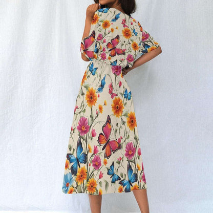 Charming Floral & Butterfly Ankle Length Dress - Comfortable Elastic Waist Design