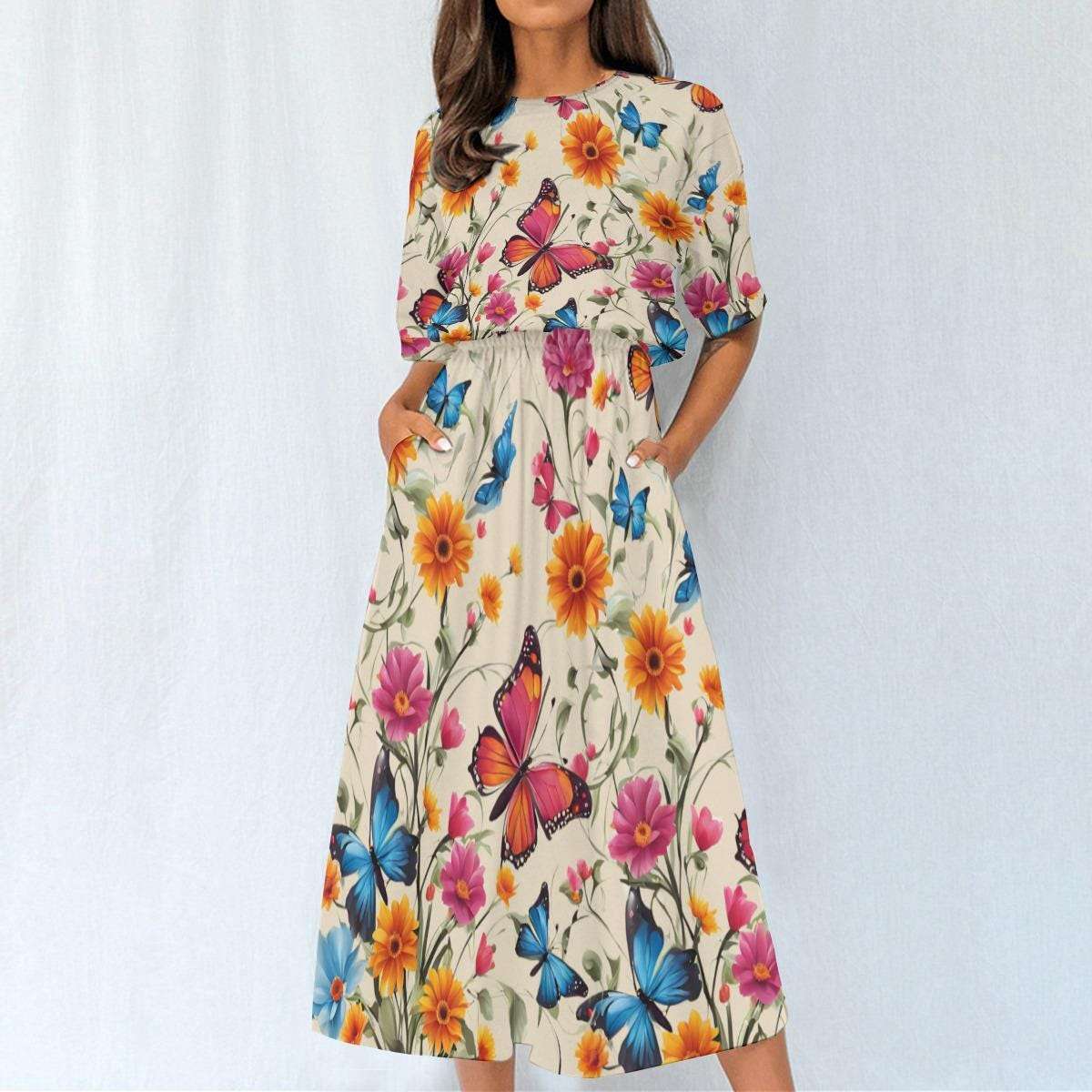 Charming Floral & Butterfly Ankle Length Dress - Comfortable Elastic Waist Design