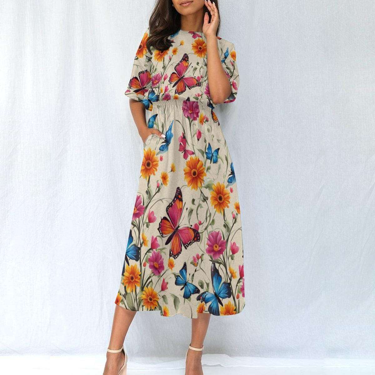 Charming Floral & Butterfly Ankle Length Dress - Comfortable Elastic Waist Design