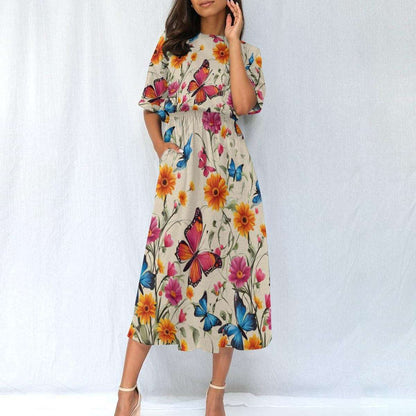 Charming Floral & Butterfly Ankle Length Dress - Comfortable Elastic Waist Design
