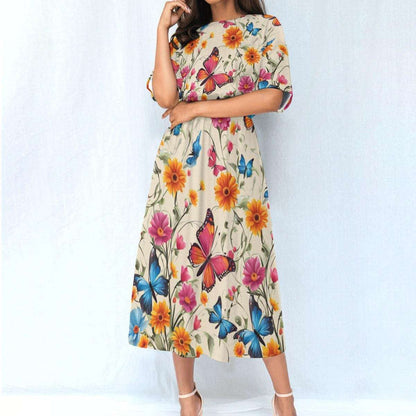 Charming Floral & Butterfly Ankle Length Dress - Comfortable Elastic Waist Design