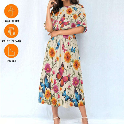 Charming Floral & Butterfly Ankle Length Dress - Comfortable Elastic Waist Design