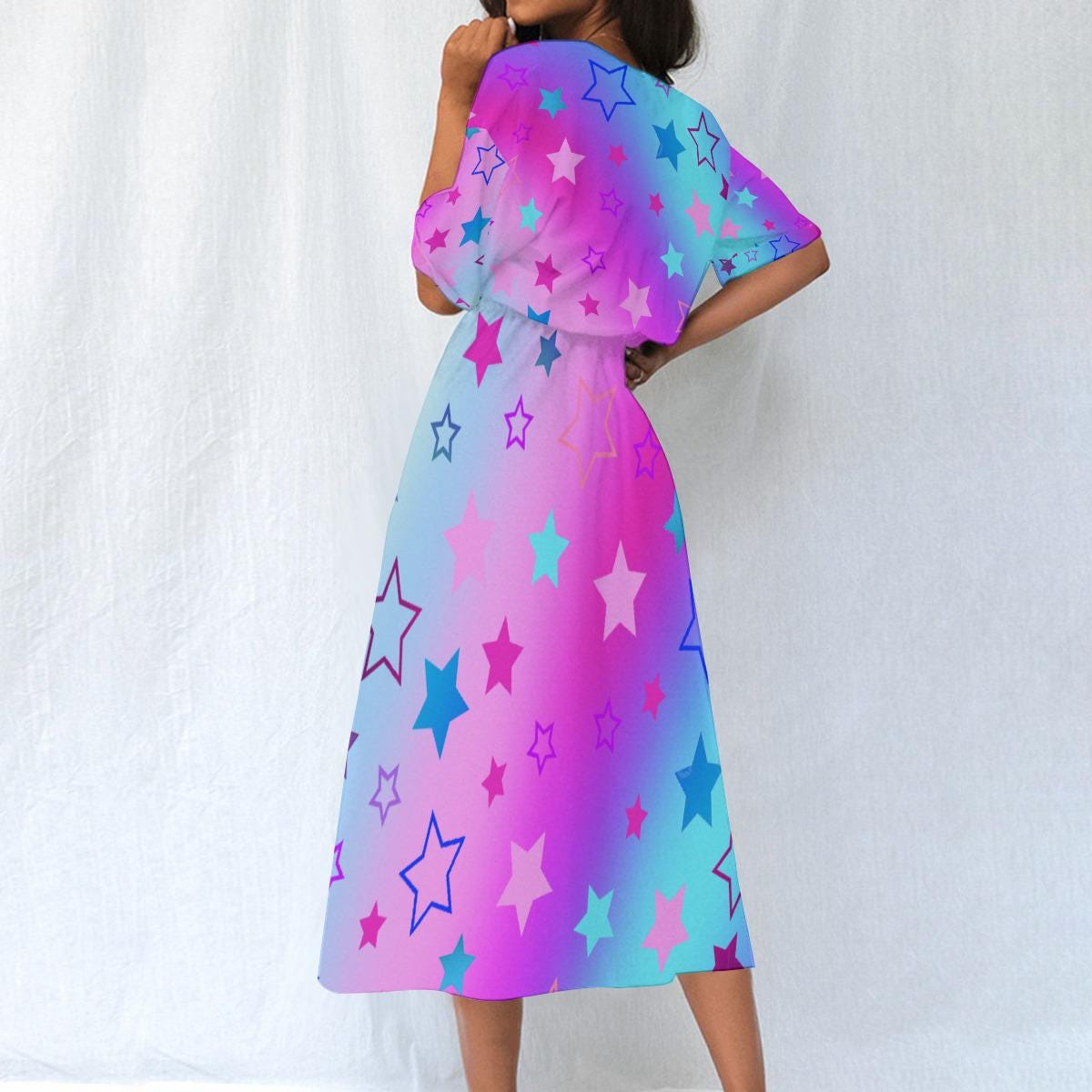 Dreamy Pink Blue Purple Gradient Starry Ankle Length Dress - Comfortable Elastic Waist Fashion - Printspirationz