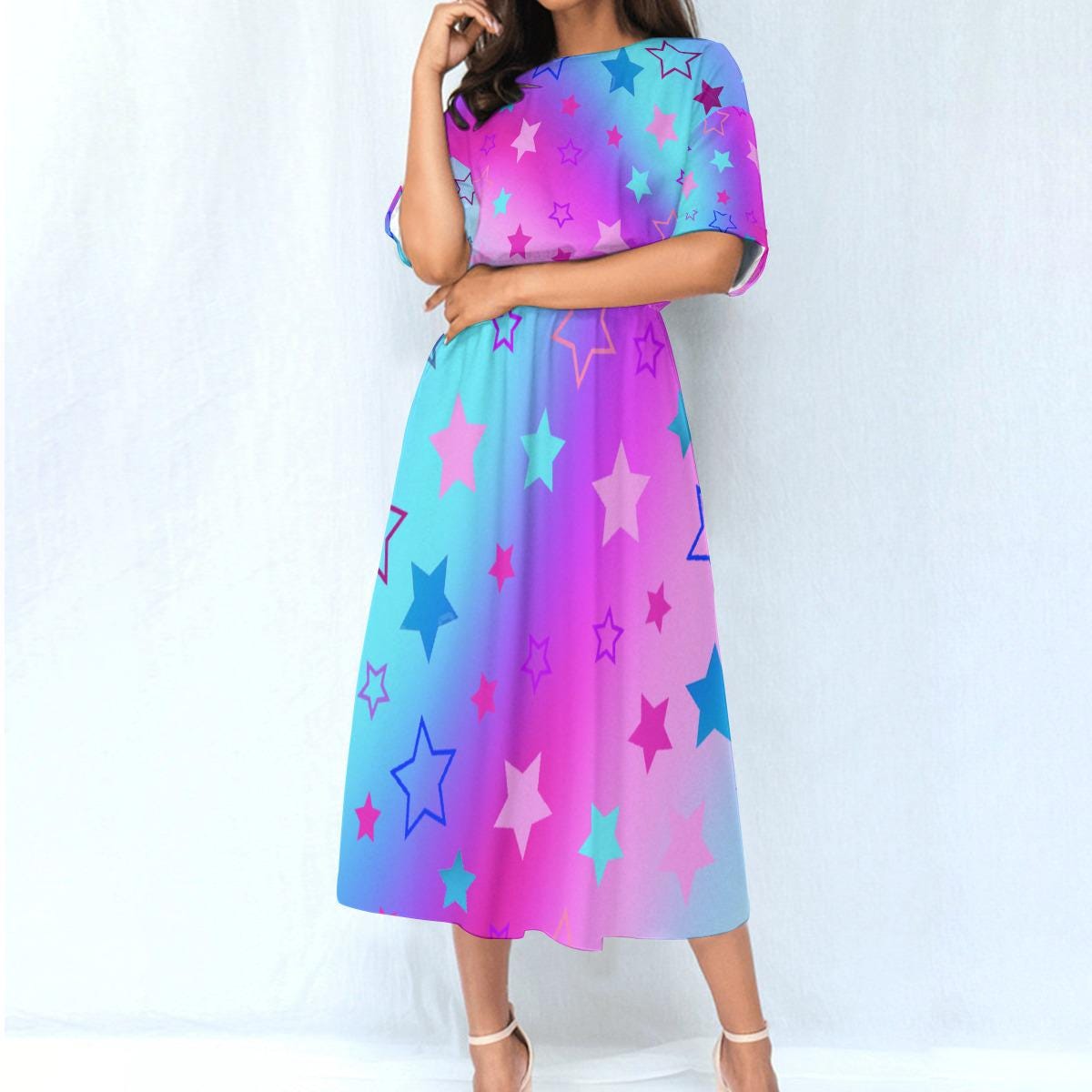 Dreamy Pink Blue Purple Gradient Starry Ankle Length Dress - Comfortable Elastic Waist Fashion - Printspirationz