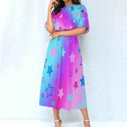 Dreamy Pink Blue Purple Gradient Starry Ankle Length Dress - Comfortable Elastic Waist Fashion - Printspirationz