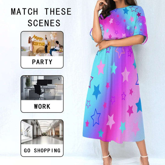 Dreamy Pink Blue Purple Gradient Starry Ankle Length Dress - Comfortable Elastic Waist Fashion
