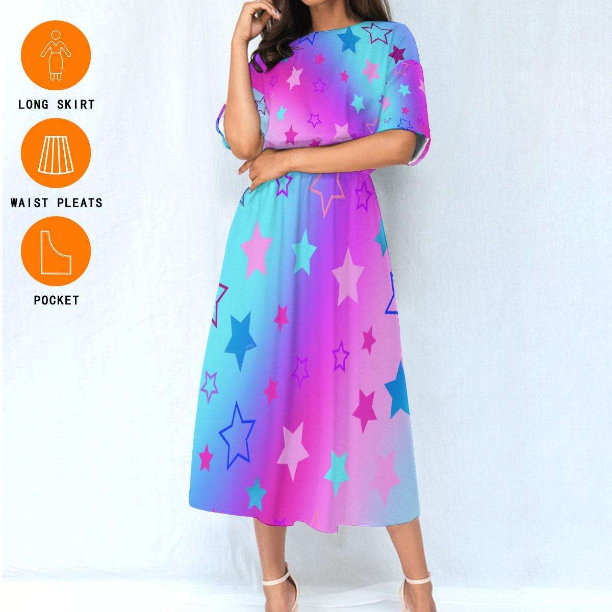 Dreamy Pink Blue Purple Gradient Starry Ankle Length Dress - Comfortable Elastic Waist Fashion
