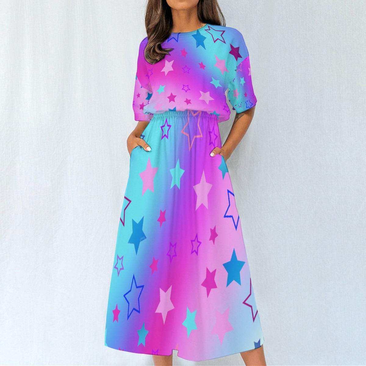 Dreamy Pink Blue Purple Gradient Starry Ankle Length Dress - Comfortable Elastic Waist Fashion