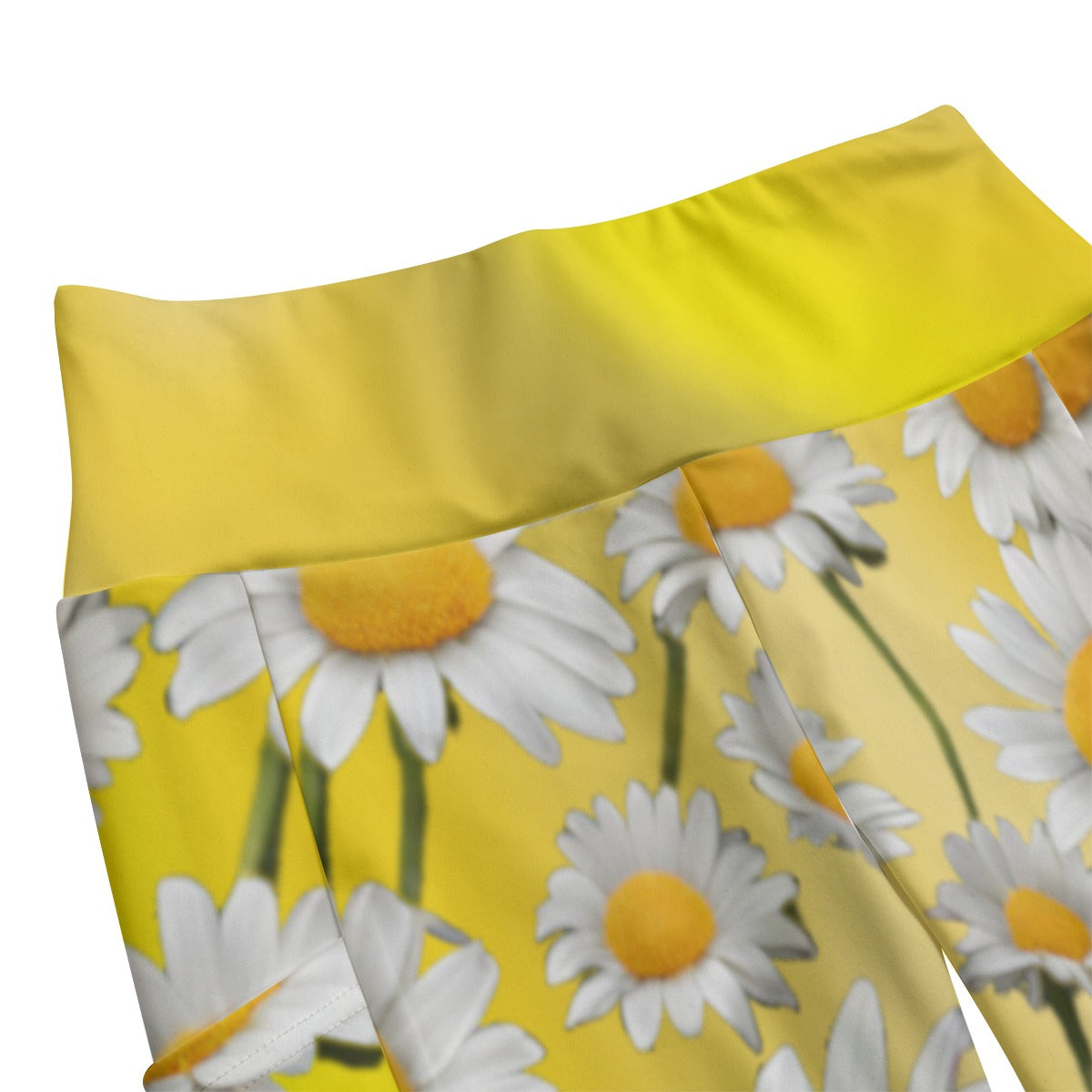 High Waist Yoga Leggings with Side Pockets Daisies Pattern on a Yellow Gradient Background Gradient – Satin Drill Fabric for Women’s Activewear - Printspirationz