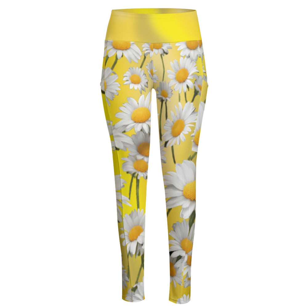 High Waist Yoga Leggings with Side Pockets Daisies Pattern on a Yellow Gradient Background Gradient – Satin Drill Fabric for Women’s Activewear