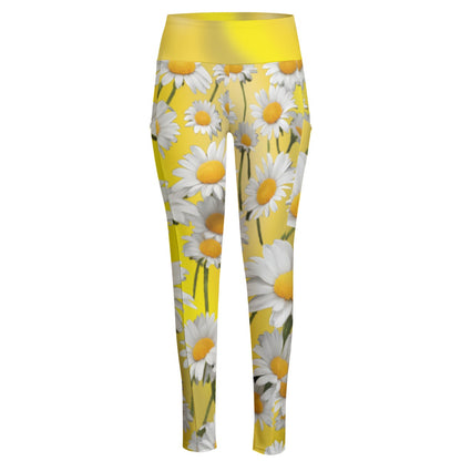 High Waist Yoga Leggings with Side Pockets Daisies Pattern on a Yellow Gradient Background Gradient – Satin Drill Fabric for Women’s Activewear - Printspirationz
