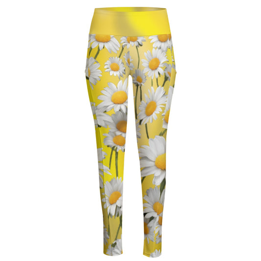 High Waist Yoga Leggings with Side Pockets Daisies Pattern on a Yellow Gradient Background Gradient – Satin Drill Fabric for Women’s Activewear - Printspirationz
