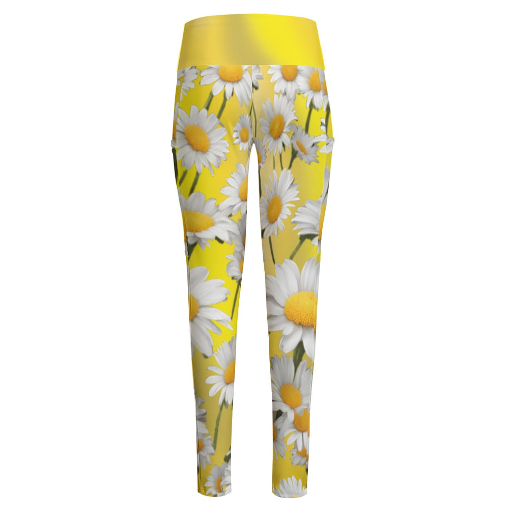 High Waist Yoga Leggings with Side Pockets Daisies Pattern on a Yellow Gradient Background Gradient – Satin Drill Fabric for Women’s Activewear