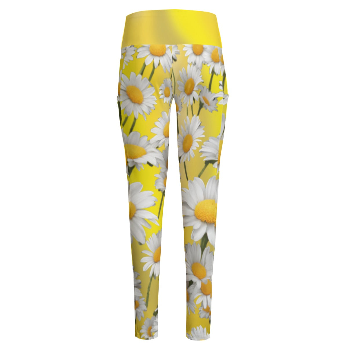High Waist Yoga Leggings with Side Pockets Daisies Pattern on a Yellow Gradient Background Gradient – Satin Drill Fabric for Women’s Activewear - Printspirationz