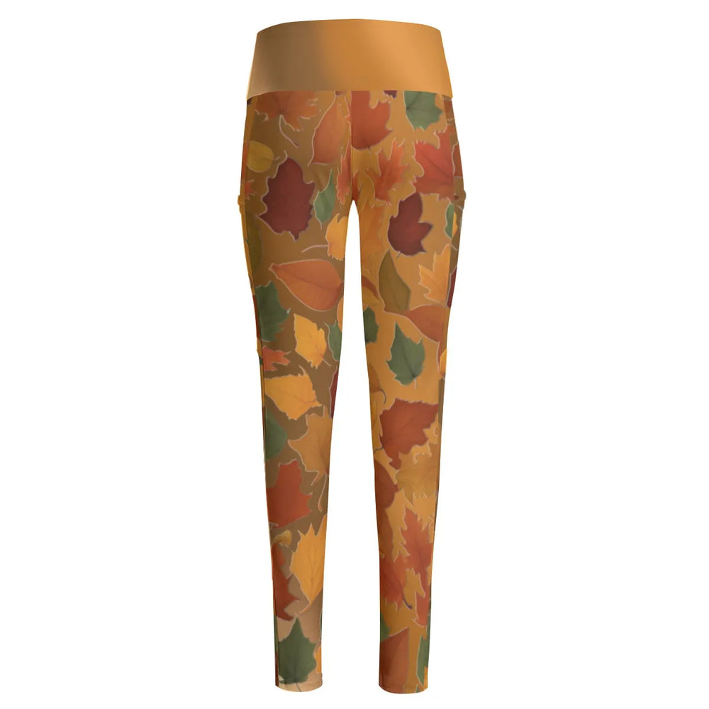 High Waist Yoga Leggings with Side Pockets Fall Leaves Pattern on a Brown Gradient Background – Satin Drill Fabric for Women’s Activewear