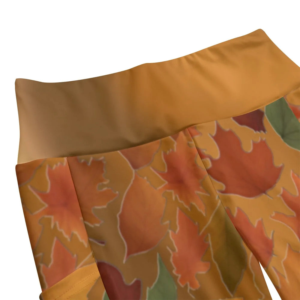 High Waist Yoga Leggings with Side Pockets Fall Leaves Pattern on a Brown Gradient Background – Satin Drill Fabric for Women’s Activewear