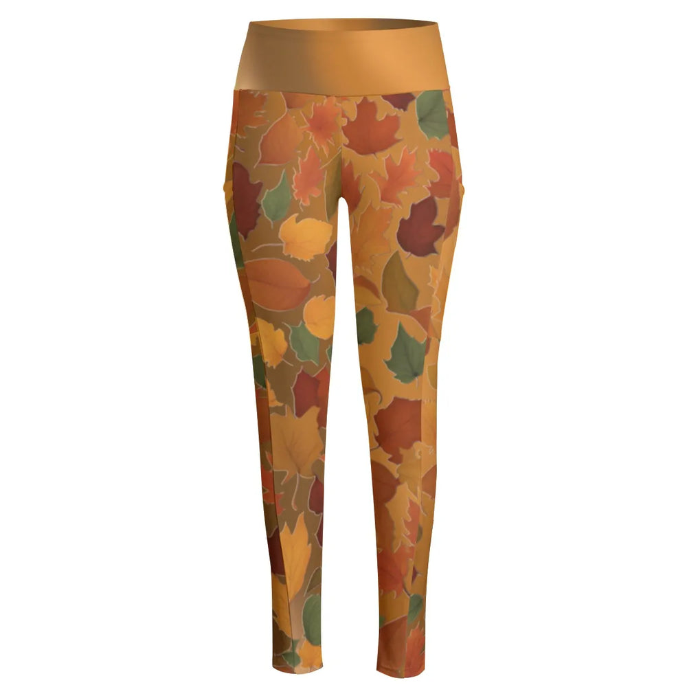 High Waist Yoga Leggings with Side Pockets Fall Leaves Pattern on a Brown Gradient Background – Satin Drill Fabric for Women’s Activewear