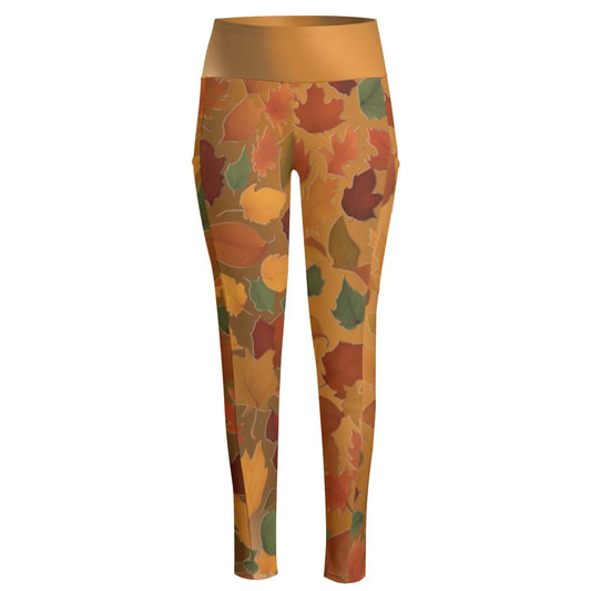 High Waist Yoga Leggings with Side Pockets Fall Leaves Pattern on a Brown Gradient Background – Satin Drill Fabric for Women’s Activewear - Printspirationz