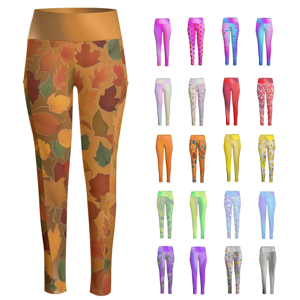 High Waist Yoga Leggings with Side Pockets Fall Leaves Pattern on a Brown Gradient Background – Satin Drill Fabric for Women’s Activewear