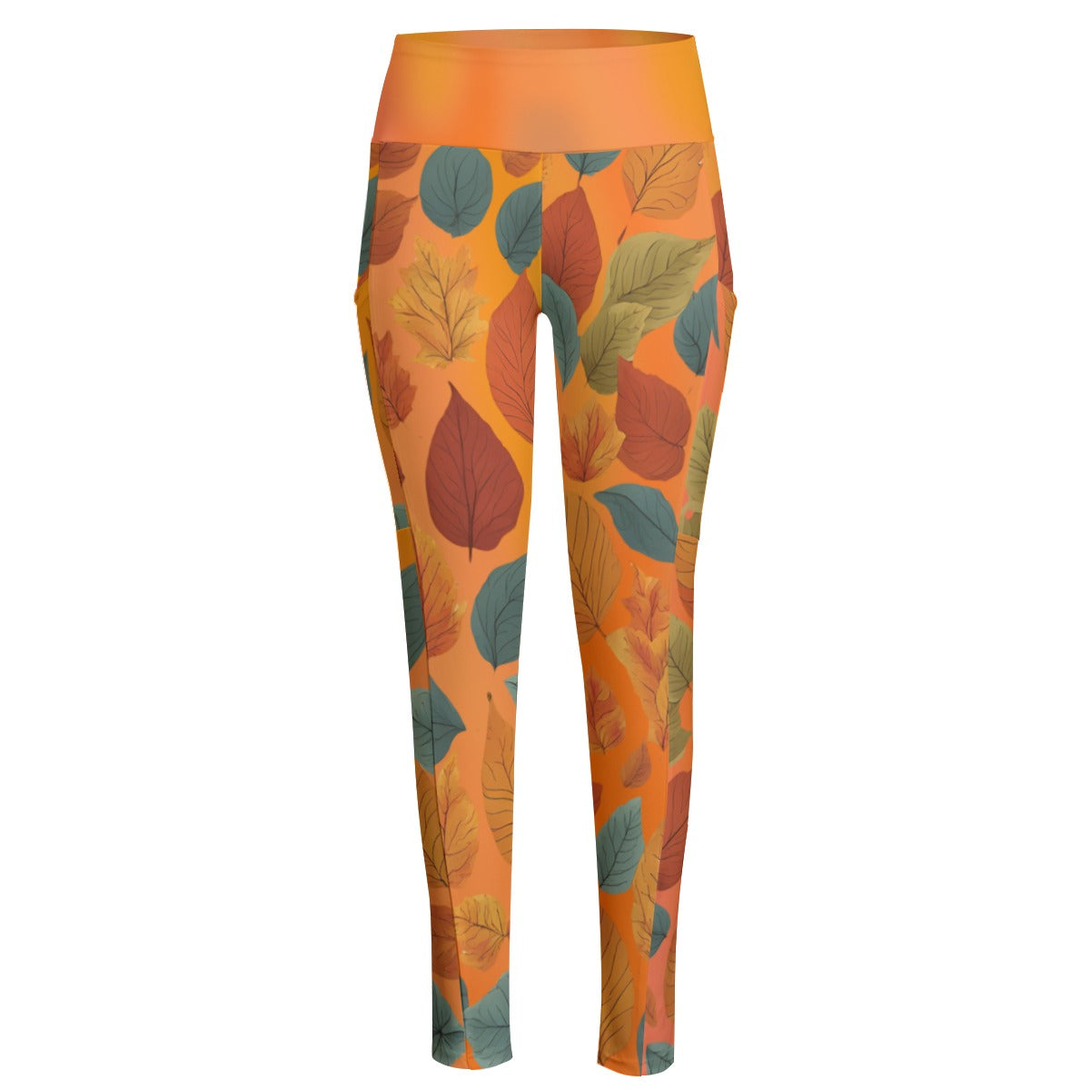 High Waist Yoga Leggings with Side Pockets Fall Leaves Pattern on an Orange Background – Satin Drill Fabric for Women’s Activewear - Printspirationz