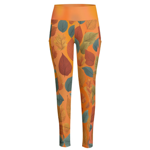 High Waist Yoga Leggings with Side Pockets Fall Leaves Pattern on an Orange Background – Satin Drill Fabric for Women’s Activewear
