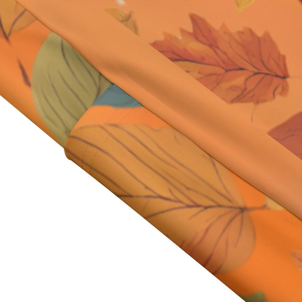 High Waist Yoga Leggings with Side Pockets Fall Leaves Pattern on an Orange Background – Satin Drill Fabric for Women’s Activewear