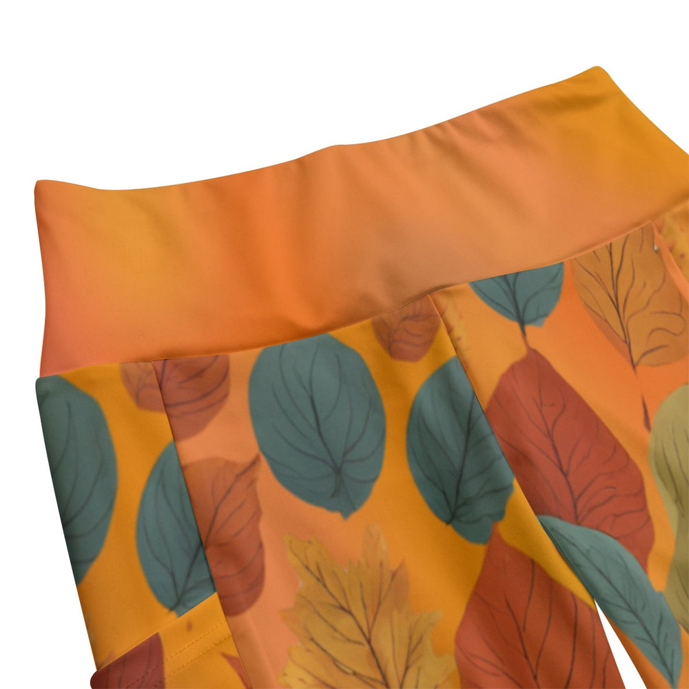 High Waist Yoga Leggings with Side Pockets Fall Leaves Pattern on an Orange Background – Satin Drill Fabric for Women’s Activewear