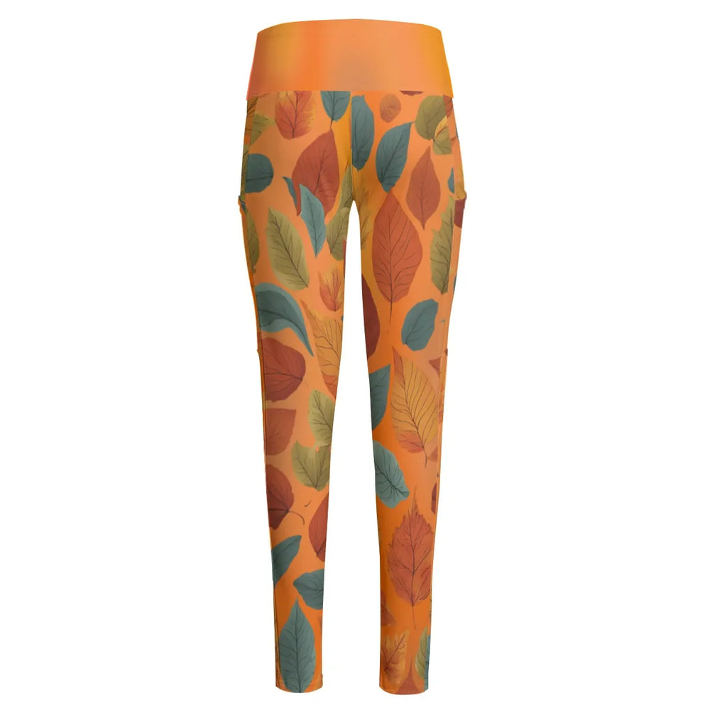 High Waist Yoga Leggings with Side Pockets Fall Leaves Pattern on an Orange Background – Satin Drill Fabric for Women’s Activewear
