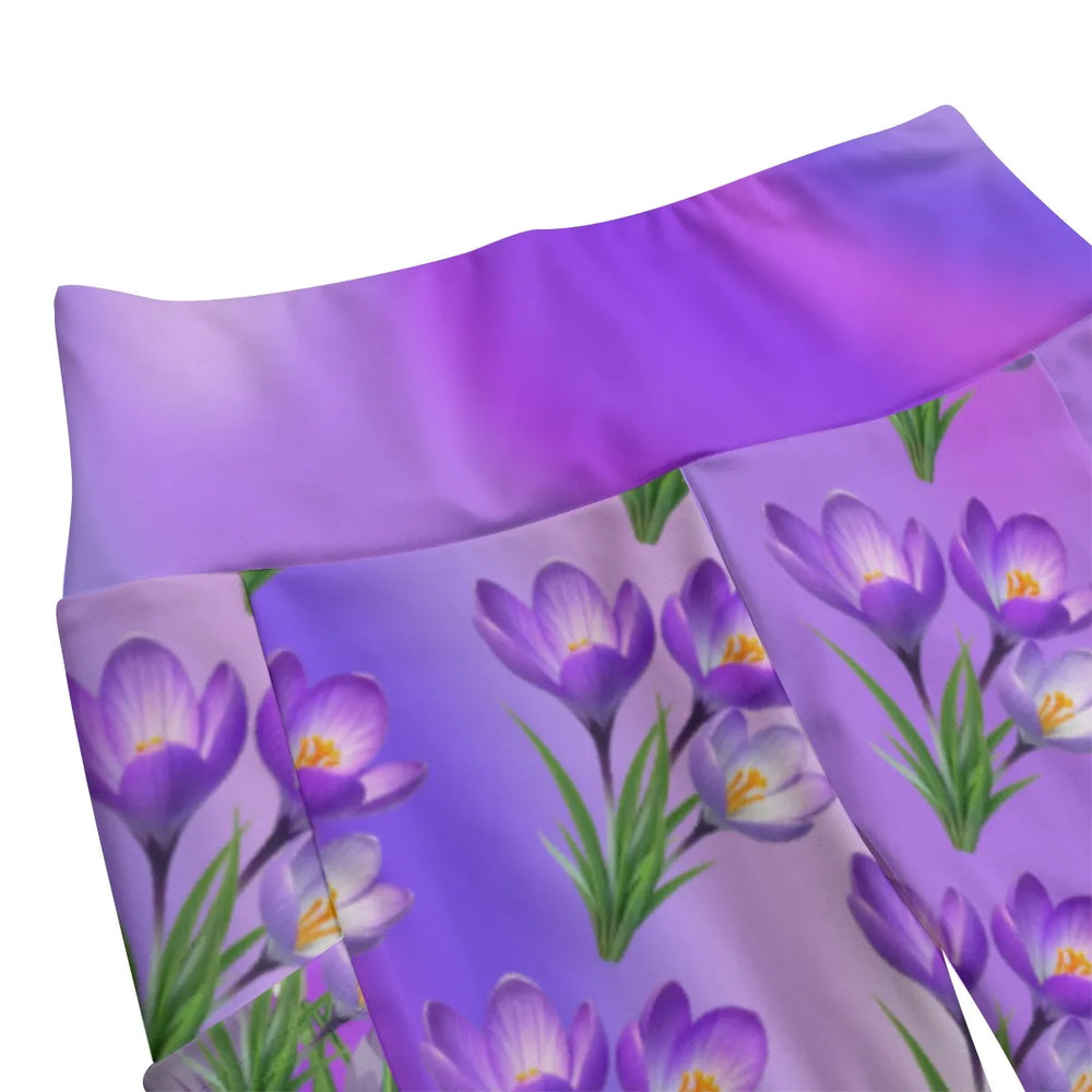 High Waist Yoga Leggings with Side Pockets Floral Pattern on a Purple Gradient Background – Satin Drill Fabric for Women’s Activewear