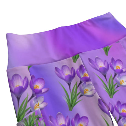 High Waist Yoga Leggings with Side Pockets Floral Pattern on a Purple Gradient Background – Satin Drill Fabric for Women’s Activewear - Printspirationz