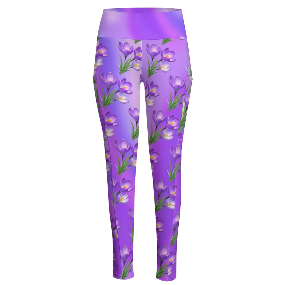 High Waist Yoga Leggings with Side Pockets Floral Pattern on a Purple Gradient Background – Satin Drill Fabric for Women’s Activewear