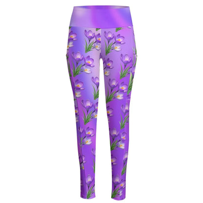 High Waist Yoga Leggings with Side Pockets Floral Pattern on a Purple Gradient Background – Satin Drill Fabric for Women’s Activewear - Printspirationz
