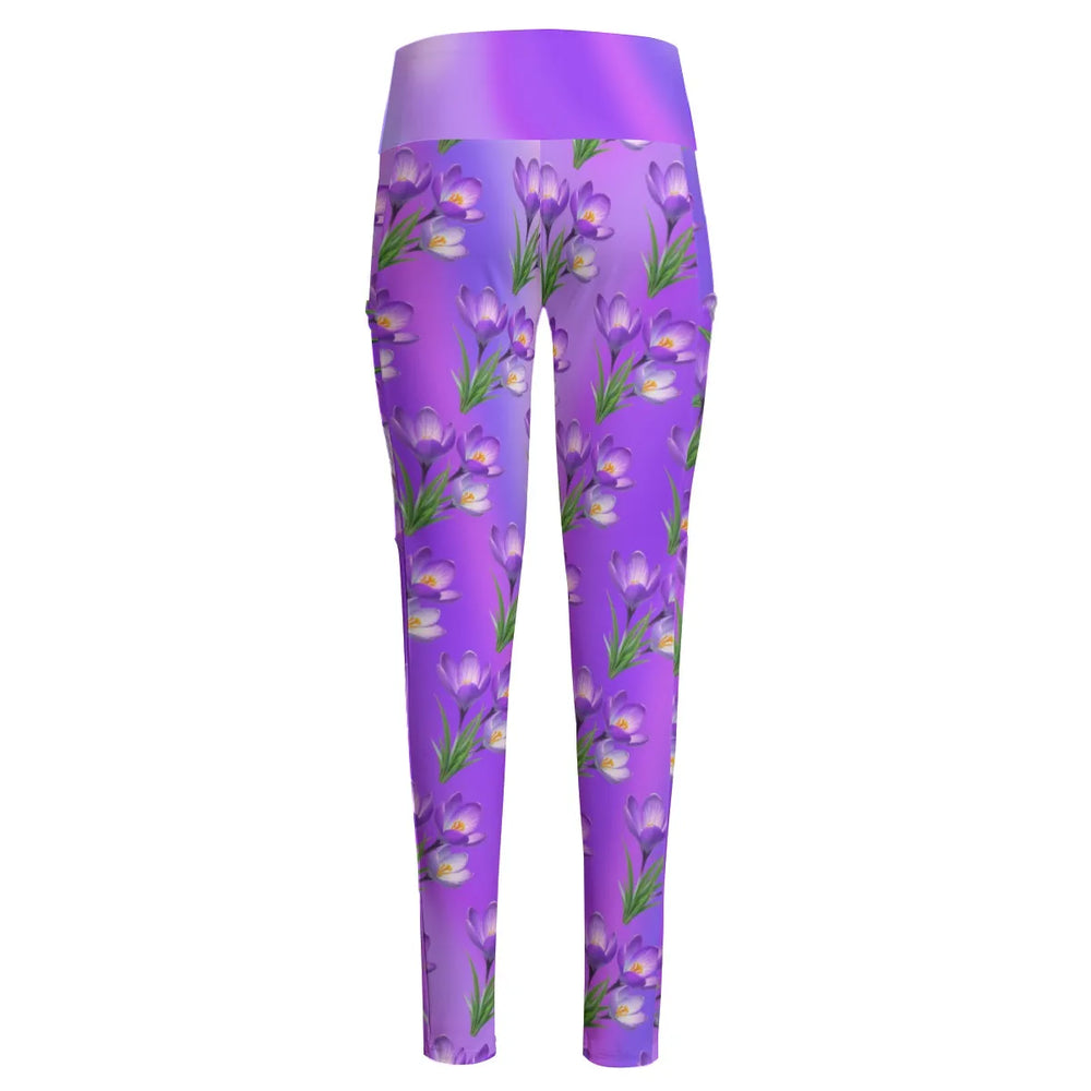 High Waist Yoga Leggings with Side Pockets Floral Pattern on a Purple Gradient Background – Satin Drill Fabric for Women’s Activewear