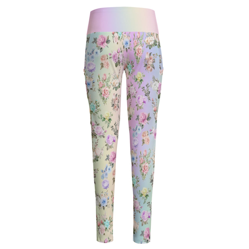 High Waist Yoga Leggings with Side Pockets Pastel Floral Rainbow Pattern – Satin Drill Fabric for Women’s Activewear