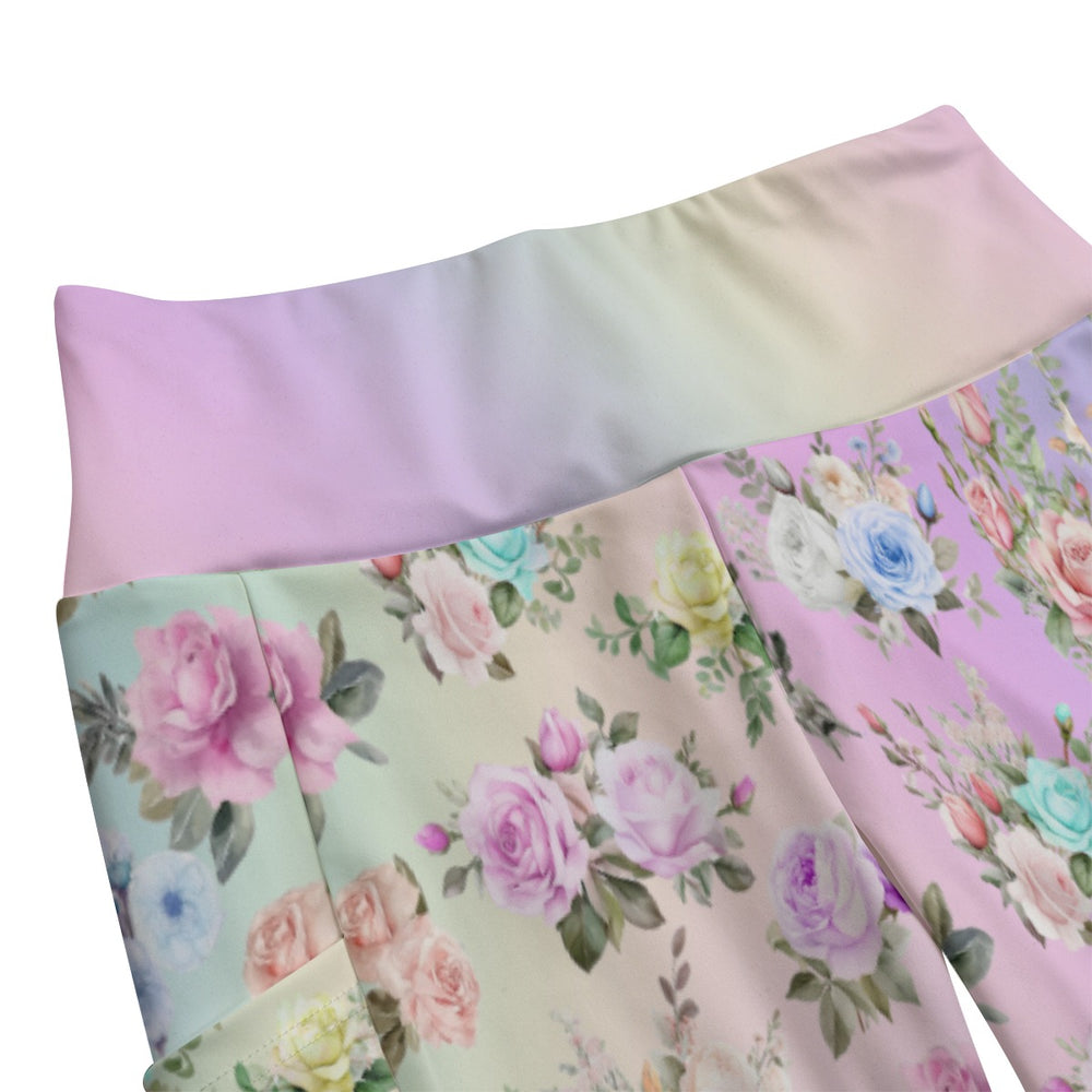 High Waist Yoga Leggings with Side Pockets Pastel Floral Rainbow Pattern – Satin Drill Fabric for Women’s Activewear