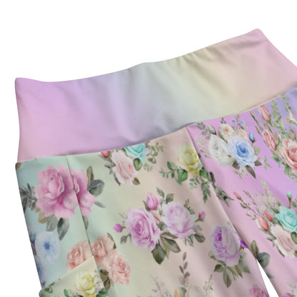 High Waist Yoga Leggings with Side Pockets Pastel Floral Rainbow Pattern – Satin Drill Fabric for Women’s Activewear - Printspirationz