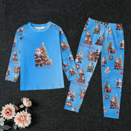 Kid's Blue Santa Claus Pajamas Set - Blue Background - Christmas Sleepwear, Matching family outfit, long sleeves loungewear,  Holiday 2 pc