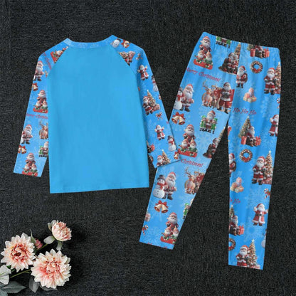 Kid's Blue Santa Claus Pajamas Set - Blue Background - Christmas Sleepwear, Matching family outfit, long sleeves loungewear,  Holiday 2 pc