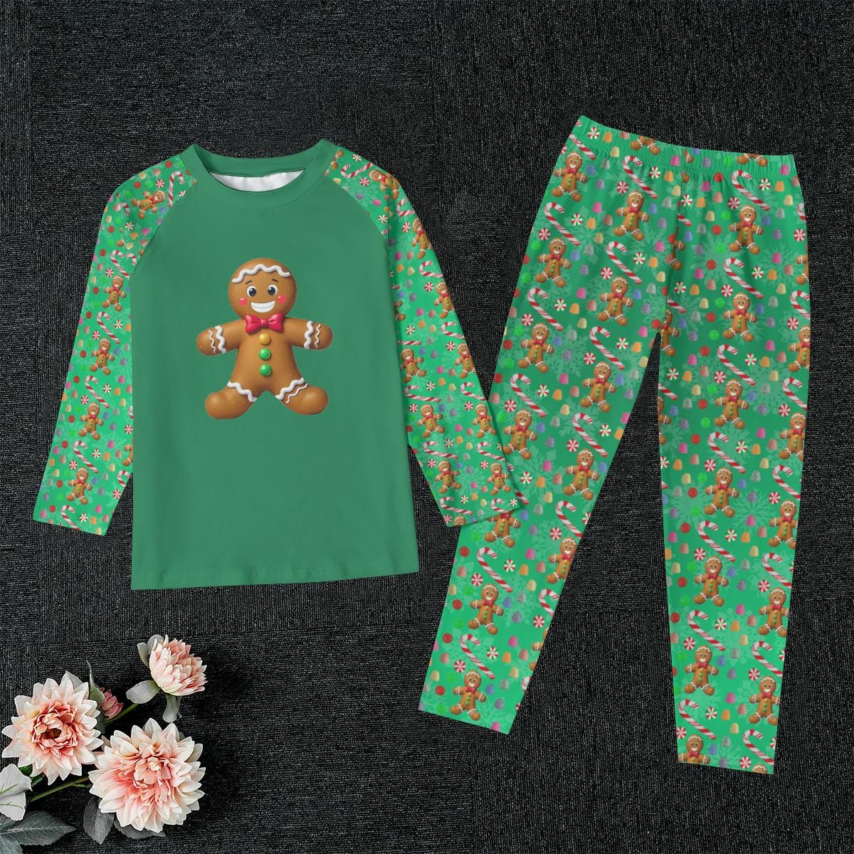 Kid's Green Gingerbread Man, Christmas Holiday Candy Winter Pajama Set, Matching family outfit, long sleeves loungewear, Holiday 2 pc - Printspirationz