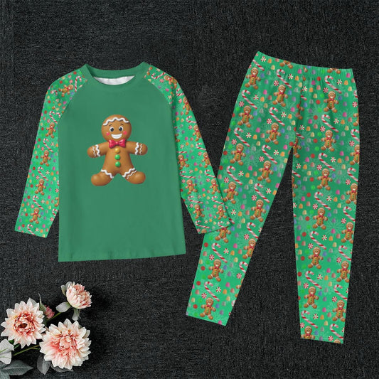 Kid's Green Gingerbread Man, Christmas Holiday Candy Winter Pajama Set, Matching family outfit, long sleeves loungewear, Holiday 2 pc - Printspirationz