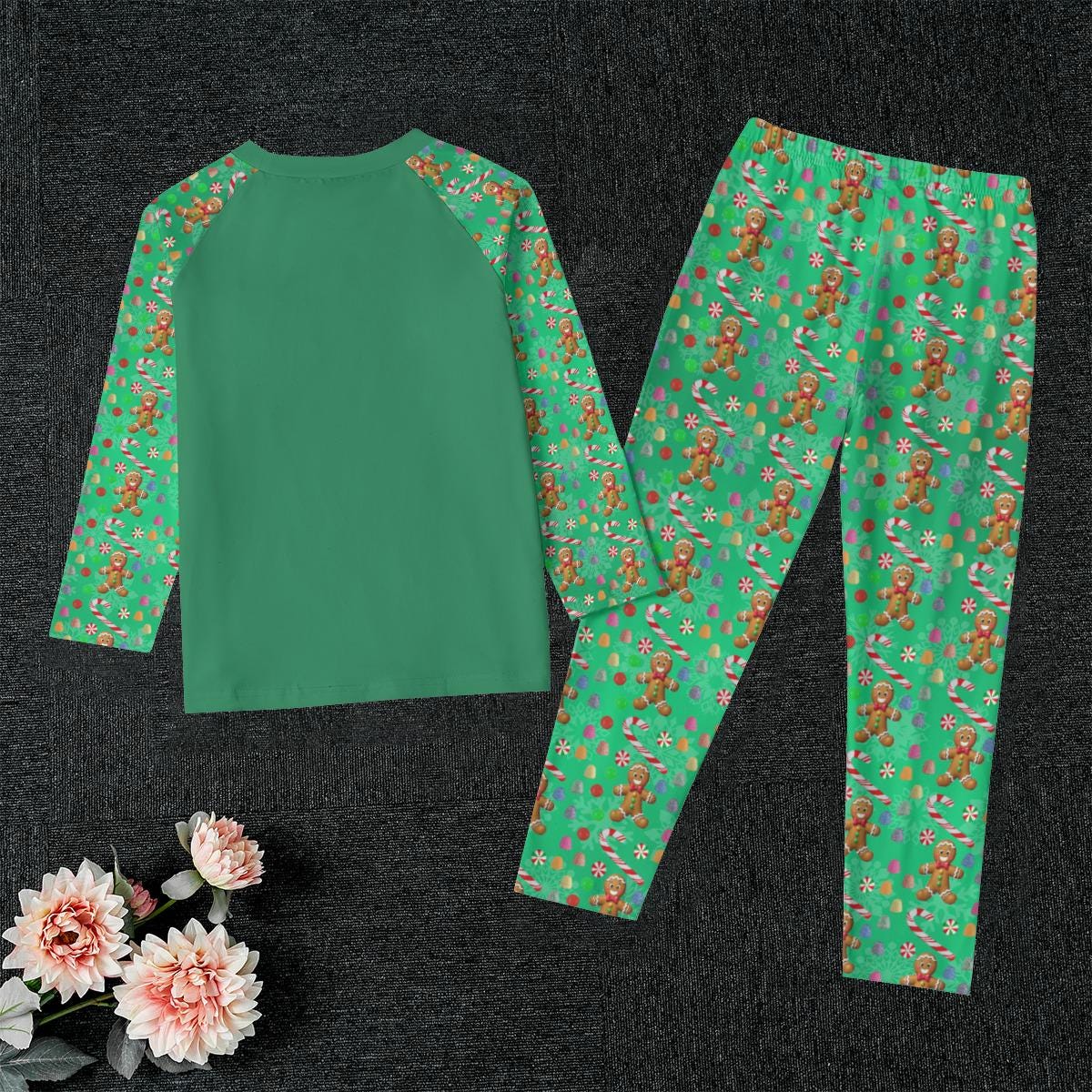 Kid's Green Gingerbread Man, Christmas Holiday Candy Winter Pajama Set, Matching family outfit, long sleeves loungewear, Holiday 2 pc - Printspirationz