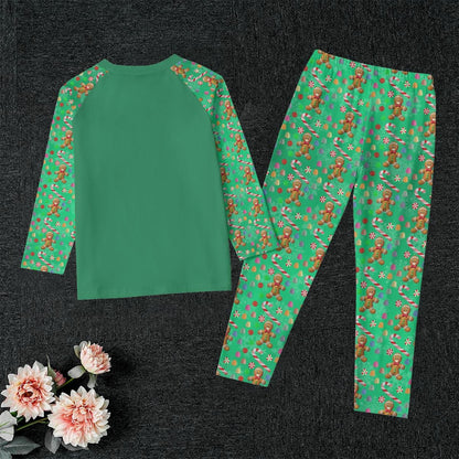 Kid's Green Gingerbread Man, Christmas Holiday Candy Winter Pajama Set, Matching family outfit, long sleeves loungewear, Holiday 2 pc - Printspirationz