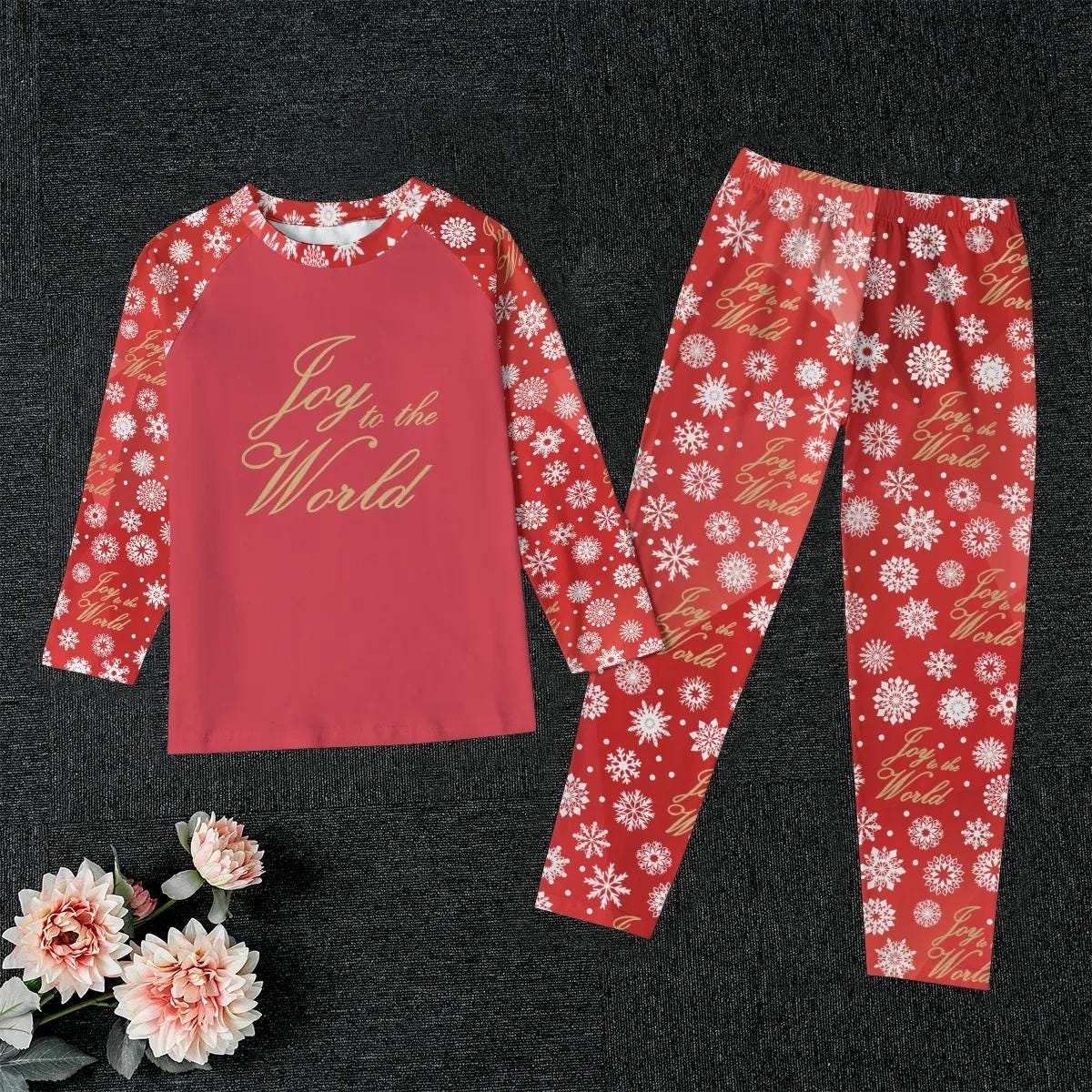 Kid's Red Christmas Holiday Sleepwear Set, Festive 'Joy to the World' Quote  - Matching family pajama  outfit, long sleeves loungewear, 2 pc