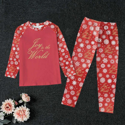 Kid's Red Christmas Holiday Sleepwear Set, Festive 'Joy to the World' Quote  - Matching family pajama  outfit, long sleeves loungewear, 2 pc