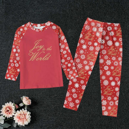 Kid's Red Christmas Holiday Sleepwear Set, Festive 'Joy to the World' Quote  - Matching family pajama  outfit, long sleeves loungewear, 2 pc